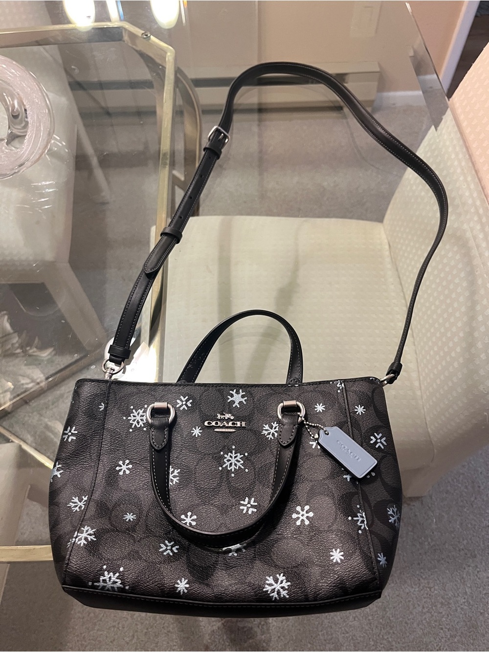 Coach Signature Snowflake Alice Satchel Black Canvas Leather Holiday